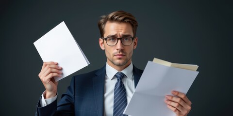 Trade relationship crisis. Confused businessman holding documents with a serious expression.