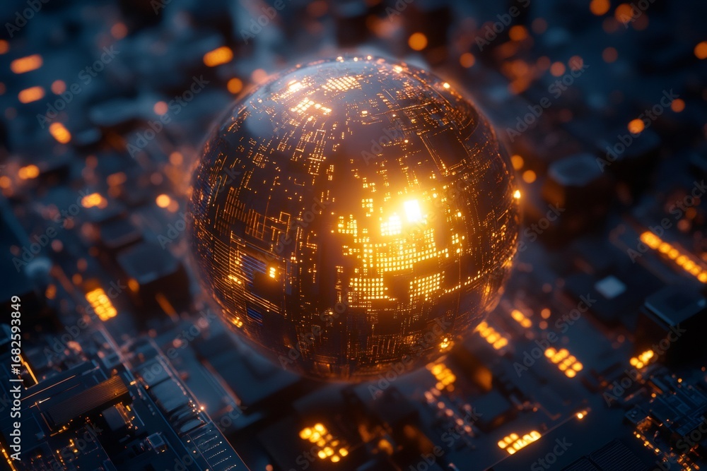 Aufkleber glowing microchip integrated into a 3d digital sphere hovers over a circuit board, creating a futuri