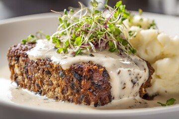 Close-up of haggis fillet plated with creamy sauce and microgreens.