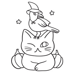 Cute Halloween Cat and Bird Illustration.