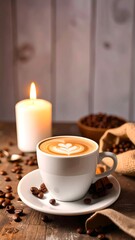 Fototapeta premium Warm latte, candlelight, coffee beans