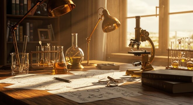 Sunlit vintage study, rich wood desk displays scientific instruments brass microscope, glass flasks, test tubes, papers, pen, and antique lamps. Warm, golden light streams from a window