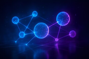 Obraz premium Futuristic data visualization with glowing holographic spheres, neon light connections, and vibrant blue purple sci-fi abstract background for technology, AI, and digital innovation concepts