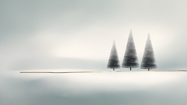 Christmas card template, minimalist watercolor snowy landscape with pine trees, soft pastel blue and white tones