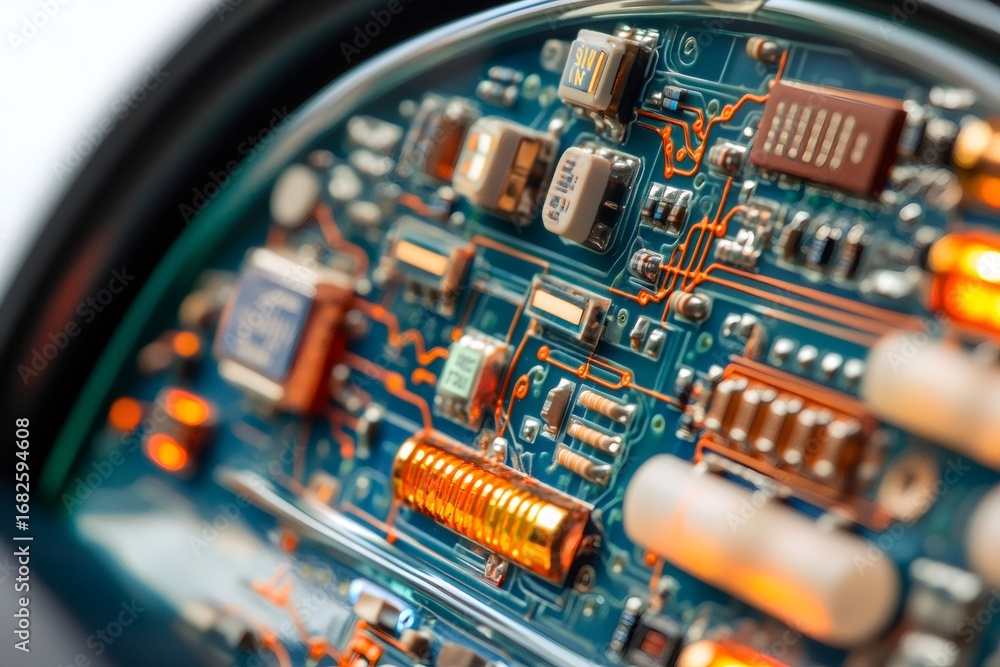 Aufkleber close up showcasing the complex network of electronic components and copper traces on a printed circ