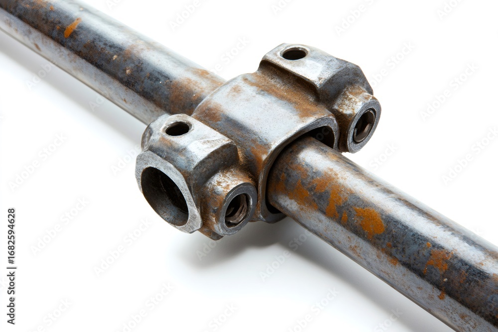 Poster close up of a rusty metal pipe securely fastened to another pipe with a specialized connecting eleme