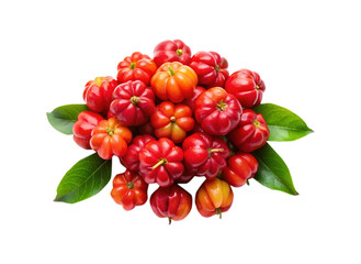 Pile of Vibrant Acerola Cherries with Green Leaves on White Background