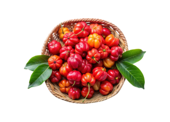 Basket filled with vibrant red and orange Surinam cherries with green leaves
