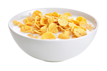 Crispy Cornflakes in Milk on Transparent Background in a White Bowl, Breakfast Cereal