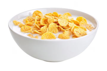 Crispy Cornflakes in Milk on Transparent Background in a White Bowl, Breakfast Cereal