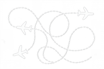 White silhouettes of airplanes flying following dotted route lines on a transparent background, ideal for travel and aviation concepts