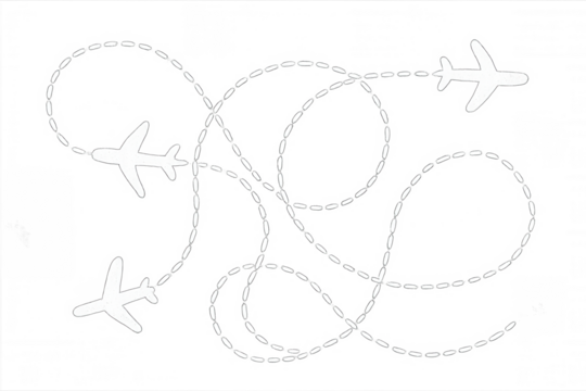 White silhouettes of airplanes flying following dotted route lines on a transparent background, ideal for travel and aviation concepts
