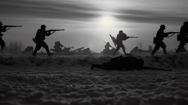 War Scene Silhouette Soldiers Marching Against Sunset Sky