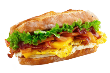 Delicious Breakfast Sandwich with Bacon, Eggs, Lettuce, and Cheese on Black Background