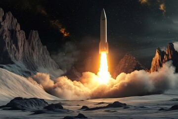 Fototapeta premium Rocket launching from lunar base at night, surrounded by smoke and illuminated by powerful engines