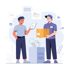 Obraz premium Delivery man giving a package to a man with digital signature on tablet