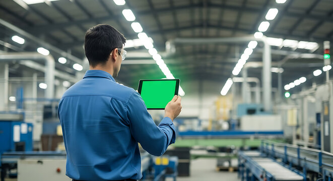 Factory worker using a tablet in a modern manufacturing facility.