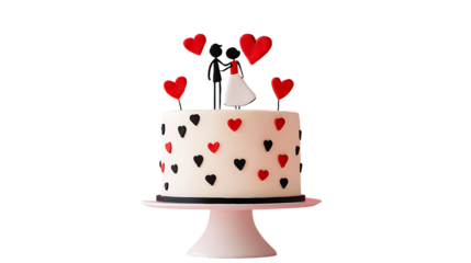 Romantic wedding cake with heart decorations and couple topper isolated on white background
