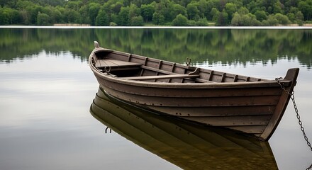 Obraz premium A weathered wooden rowboat rests on calm, reflective water with a forest in the background