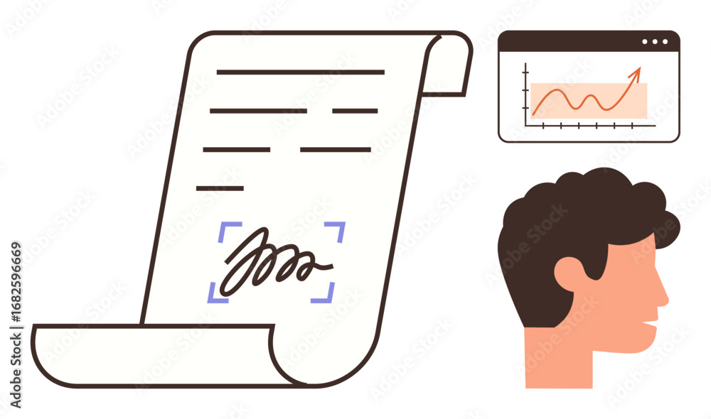 Poster signed scroll document, user profile head, and chart interface represent digital contracts, identity