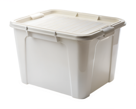 White plastic storage bin with lid isolated on transparent background