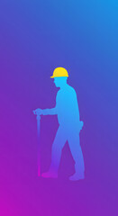 Determined construction worker with hard hat walking with a tool, symbolizing progress and dedication in a vibrant, modern setting