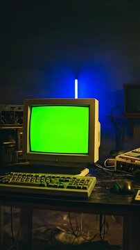 Vintage computer setup with a green screen