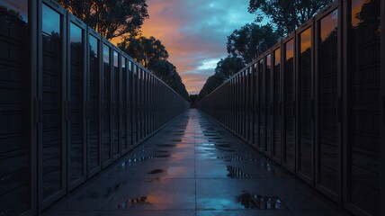 Serene Sunset: Rows of Modern Data Servers in a Wet Outdoor Data Center at Dusk.