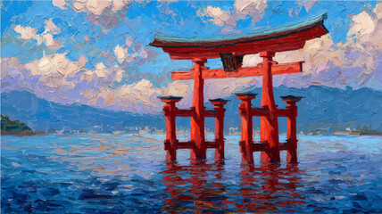 Oil painting of  torii gate, in impasto style