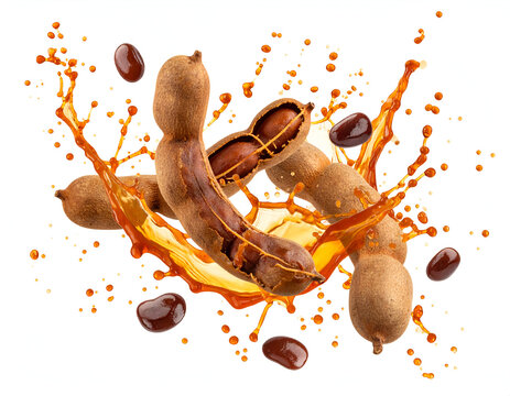 Dynamic explosion of ripe tamarind pods launching a wave of tangy brownish juice and seeds, captured mid-air on a white background