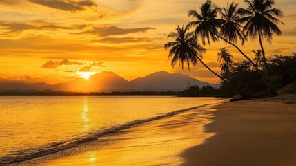 Sunset behind distant volcano over tropical sea
