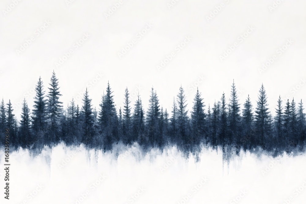Poster minimalist landscape featuring a row of snowy pine trees rising from a soft white fog, creating a se