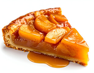 A delicious slice of French apple tart with a buttery crust and rich caramel sauce, isolated on a white background