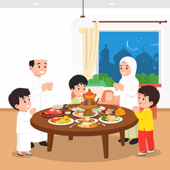 A joyous Muslim family with children saying a prayer of gratitude before enjoying their Iftar meal during Ramadan celebrations
