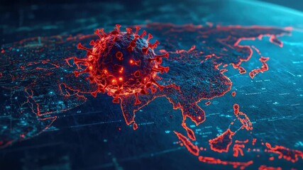 Digital visualization of virus spread over earth with glowing red details on asia and europe. HMPV, Human metapneumovirus - Powered by Adobe