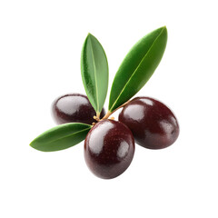 Elegant close-up of fresh black olives with green leaves on a dark backdrop