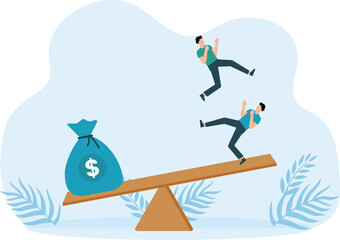 Big money gets rid of people. Human greed and commercialism, huge bag of money on scales, men thrown into sky and breakup of friendships and relationships due to income concept
