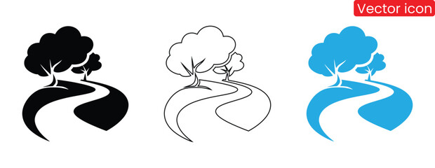 Ecology icon. Set of icons for environmental protection, earth, renewable energy, leaf, recycling, green energy, green icons,Scenic path through trees illustration black line blue,