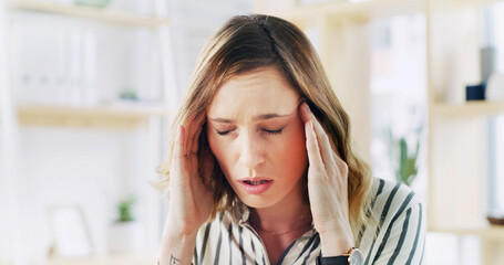 Worry, woman and pain of headache at house with debt, mental health crisis and finance burnout....