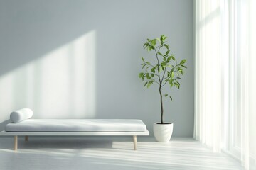 Modern and minimalist children's bedroom with a simple bed, potted plant, and sunlight streaming through the window