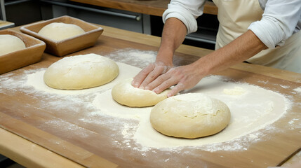 Baker rolling dough into loaves on floured worktable