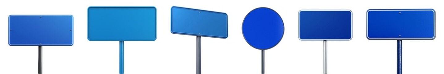 Several blue signs with different shapes and styles on transparent background