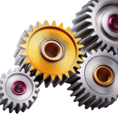 Colorful metal gears with intricate details, showcasing industrial design and mechanical engineering concepts