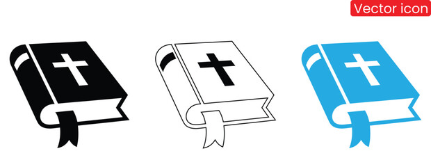 Bible icon. Black and white silhouette of a holy Bible. Religious symbol. Vector illustration.Christian bible icon set for faith and spirituality,