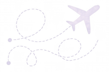 Sleek white airplane tracing dotted line trajectory, representing global travel movement against clean transparent backdrop
