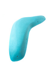 Blue climbing hold on white background, used for indoor and outdoor rock climbing training,...