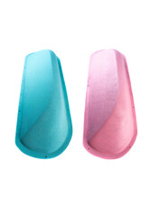 Blue and pink climbing holds with textured surface isolated on white background, designed for indoor rock climbing walls and training setups.