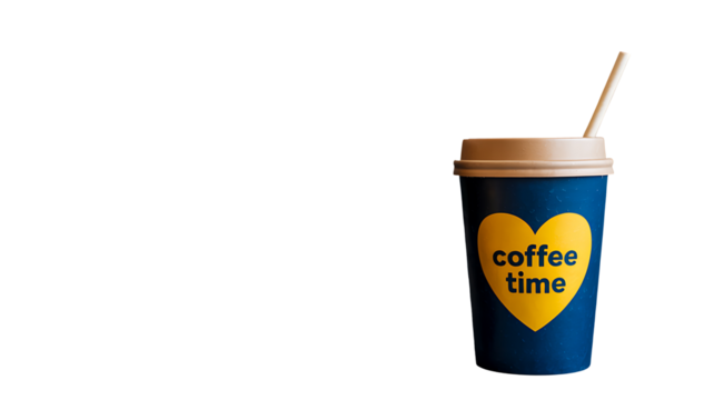Blue paper cup with yellow heart and coffee time text isolated on white