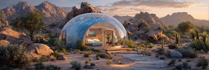 Fototapeta premium Transparent geodome workspace in desert oasis with AI control panel glowing blue