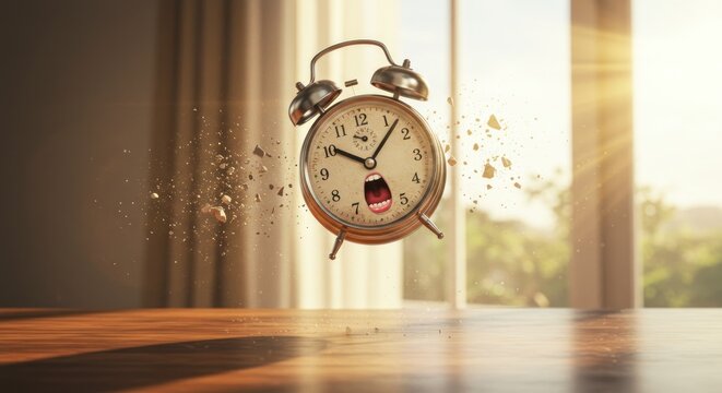 A cartoon-like clock, mid-air, seemingly exploding from a wooden surface. The face shows a surprised expression, debris surrounding